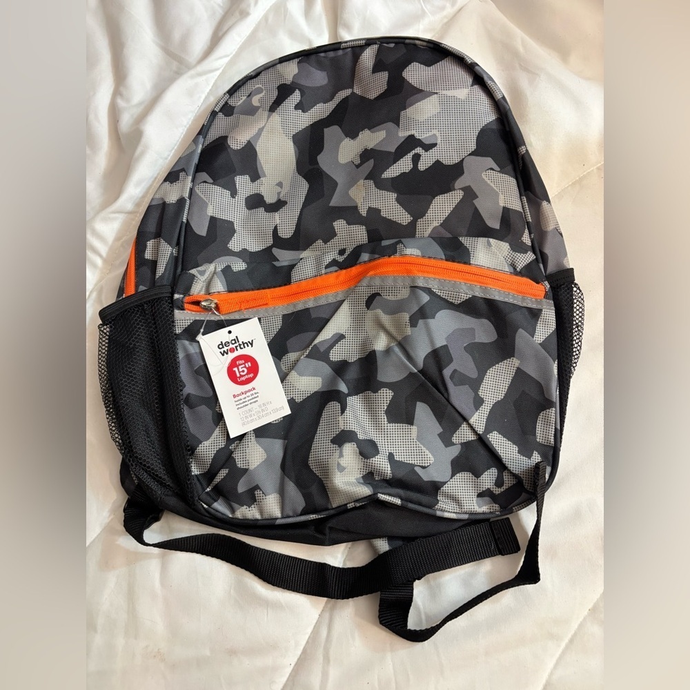 NWT Black Camouflage Backpack with Orange Accents- toddler size fits 15” laptop